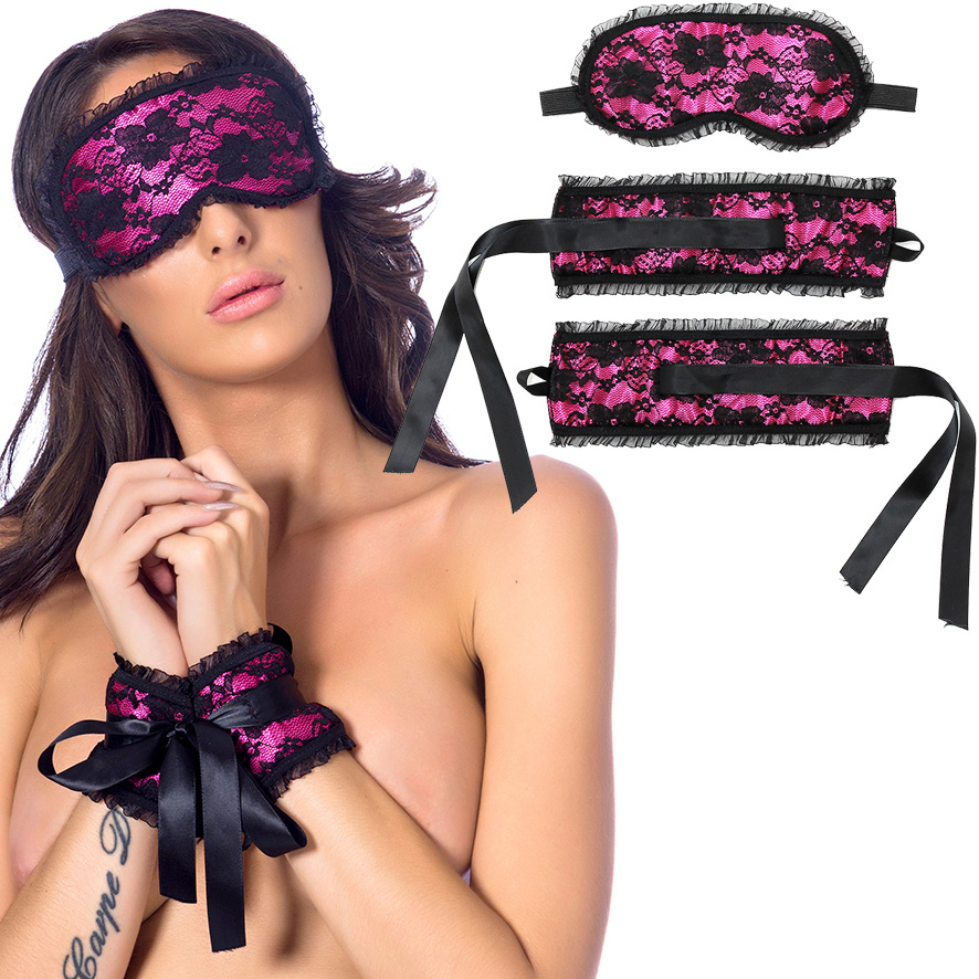 Handfesseln und Maske im Satin-Look schwarz-pink